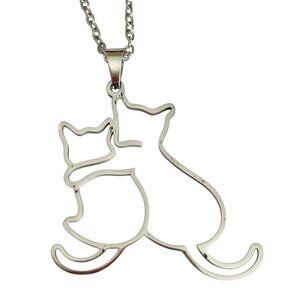 Two Cats Charm Pendant Necklace 17-19" Chain Stainless Steel Cat Lady Silhouette